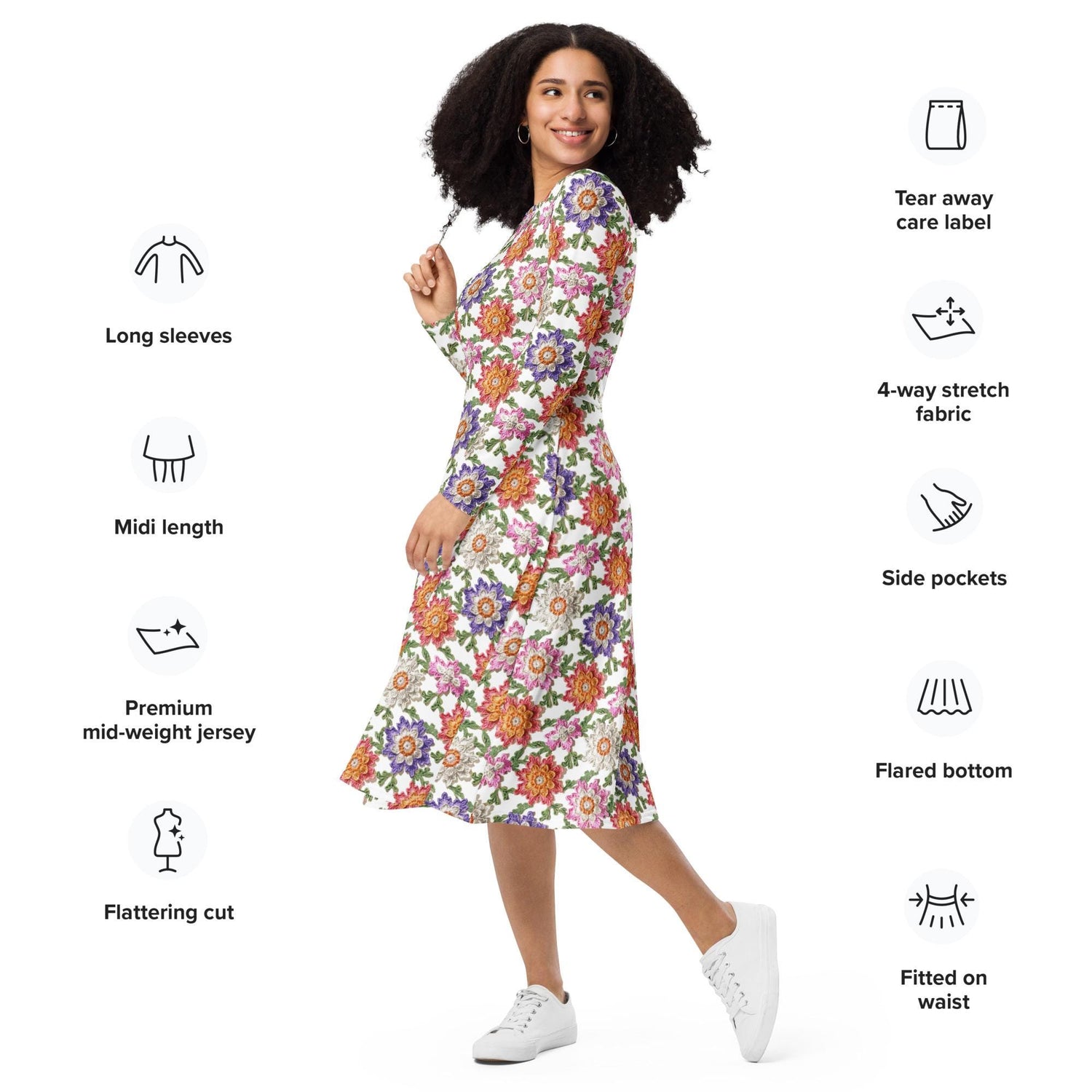 All-over print long sleeve midi dress, pretty colorful crotchet all over classy casual traditional pattern design all occasion clothing wear