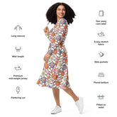 All-over print long sleeve midi dress, pretty colorful crotchet all over classy casual traditional pattern design all occasion clothing wear