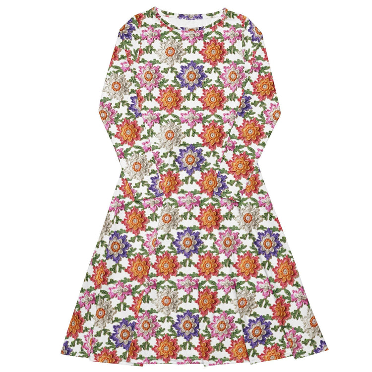 All-over print long sleeve midi dress, pretty colorful crotchet all over classy casual traditional pattern design all occasion clothing wear