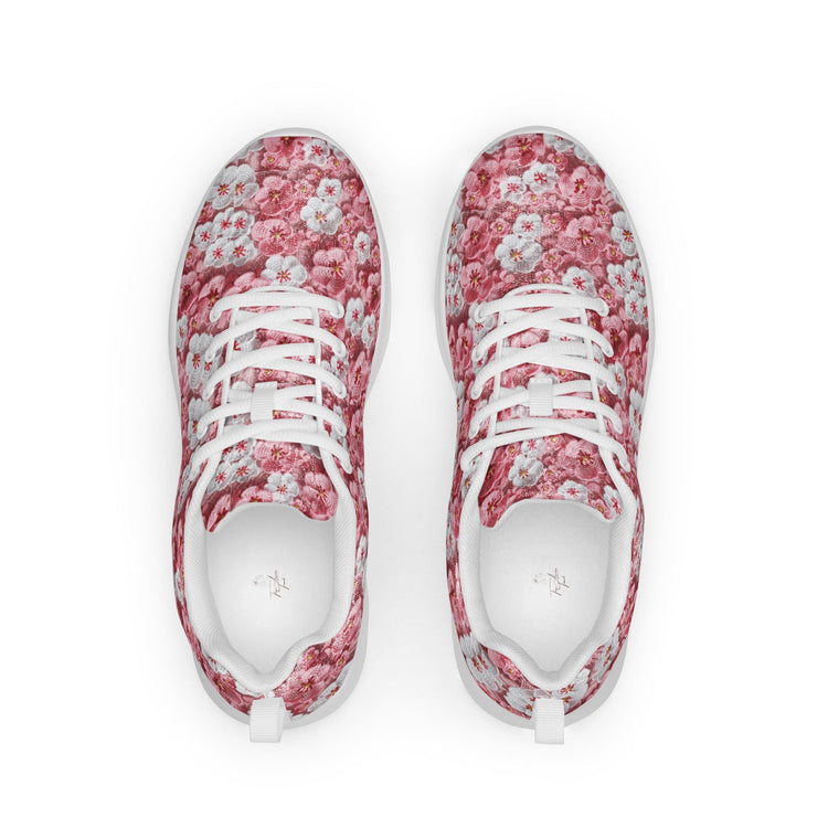 Women’s athletic shoes, Pink floral all over pattern design walking shopping travel gym casual attire everyday dress sportie tennis sneakers