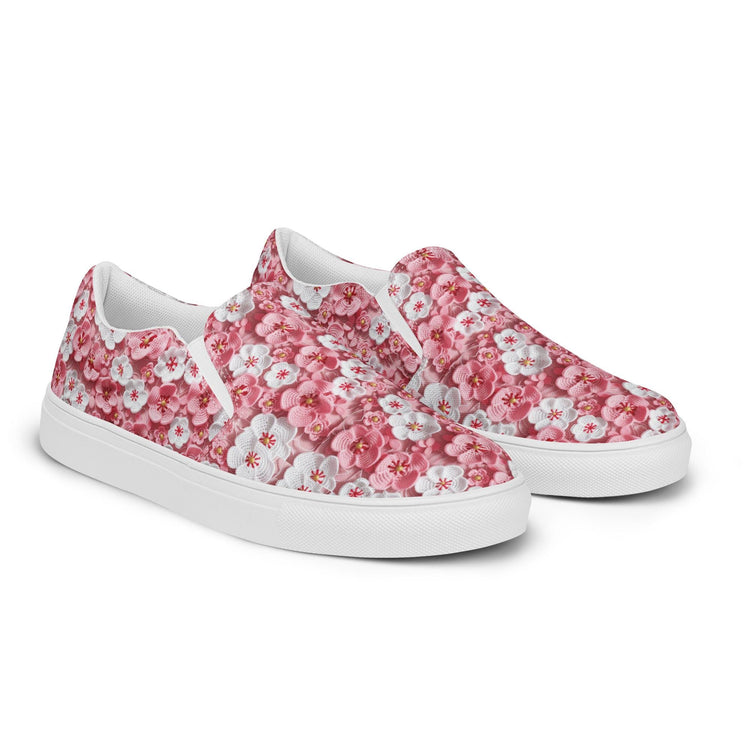 Women’s slip-on canvas shoes, Pink floral pattern pretty all day wear casual office work walking slip on stylish female sneaker shoes