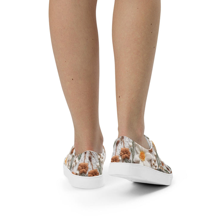 Women’s lace-up canvas shoes, Floral crotchet sweater style all over pattern fashionable casual jeans shorts dress soft fabric tennis shoes