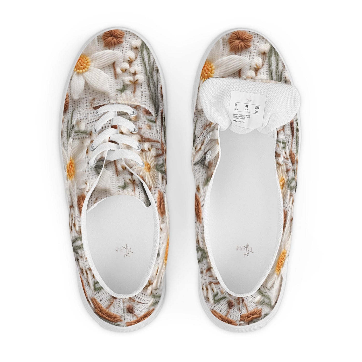 Women’s lace-up canvas shoes, Floral crotchet sweater style all over pattern fashionable casual jeans shorts dress soft fabric tennis shoes