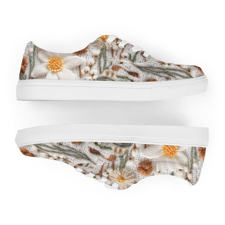 Women’s lace-up canvas shoes, Floral crotchet sweater style all over pattern fashionable casual jeans shorts dress soft fabric tennis shoes