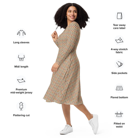 All-over print long sleeve midi dress, tribal all over print pattern design casual date entrepreneur female clothing wear mid length dress