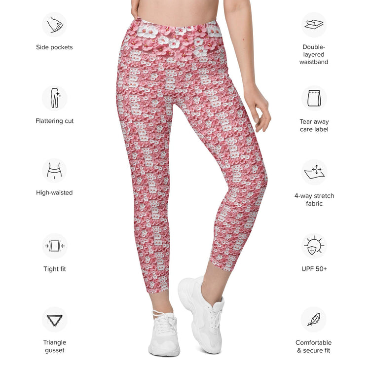 Leggings with pockets, Pink floral pattern print stretchy yoga workout daily walk casual blazer everyday stylish fitted pocket spandex pants