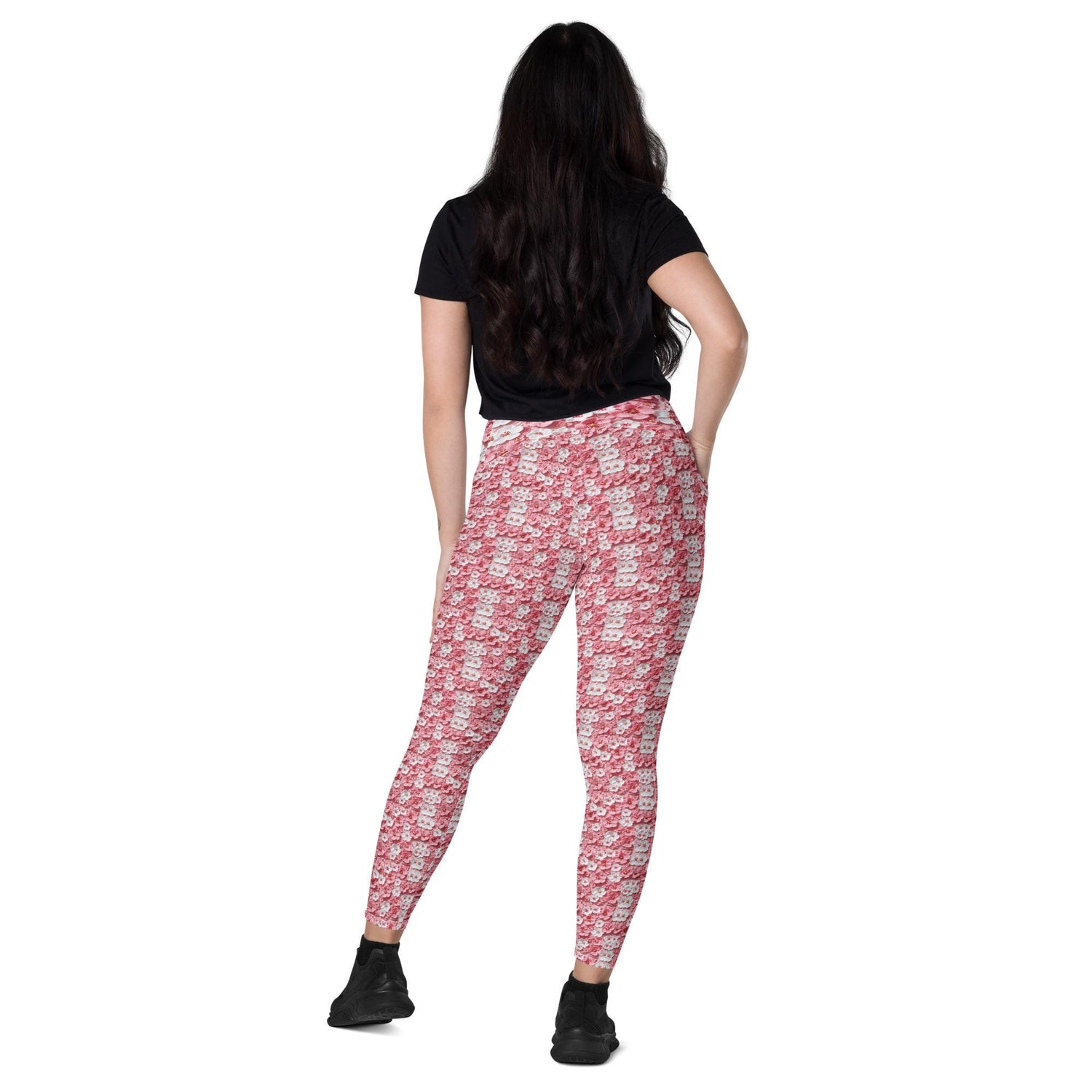 Leggings with pockets, Pink floral pattern print stretchy yoga workout daily walk casual blazer everyday stylish fitted pocket spandex pants