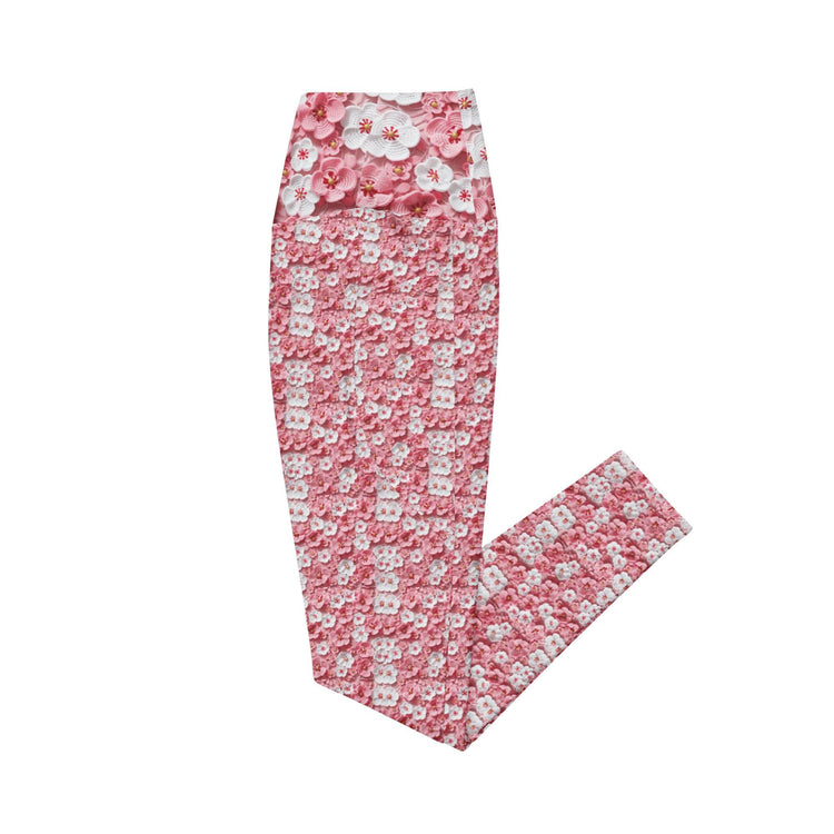 Leggings with pockets, Pink floral pattern print stretchy yoga workout daily walk casual blazer everyday stylish fitted pocket spandex pants