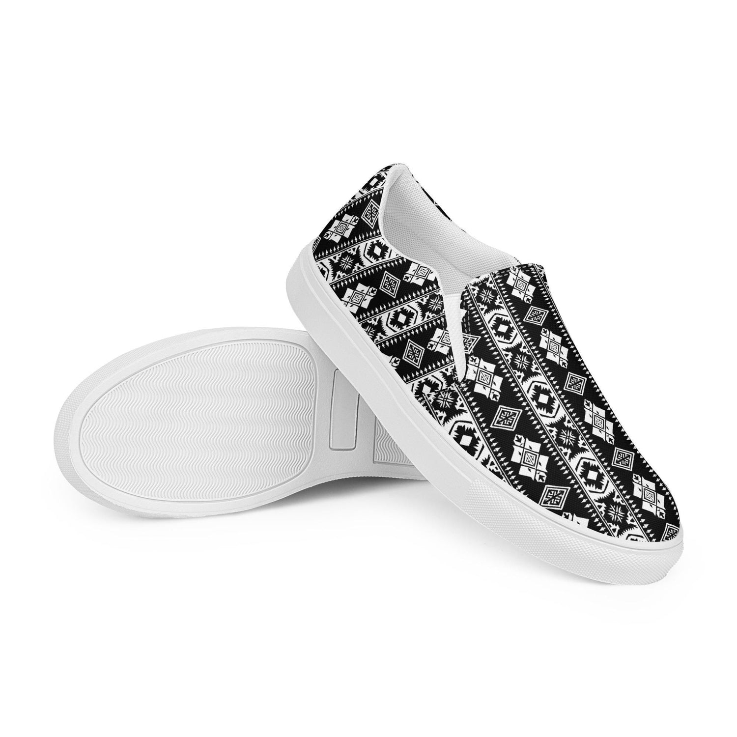 Women’s slip-on canvas shoes, Tribal pattern print fashion school work play casaul everyday style jean skirt shorts skater shoe