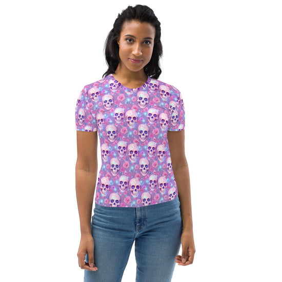 Camiseta de mujer, diseño de calavera de azúcar en tono morado de Halloween, estilo femenino, divertida, informal, estilo enfermera, estudiante universitaria, camisa para dama