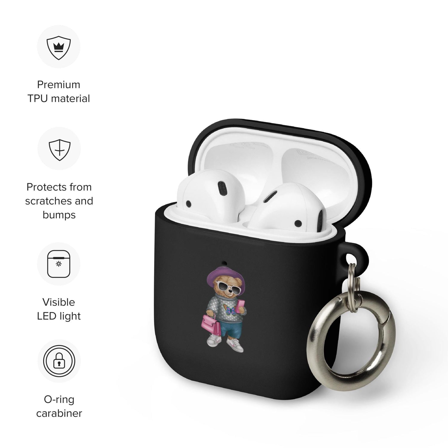 Rubber Case for AirPods®, Teddy Bear Fashion girl cute design ready for school airpods protective carrying case