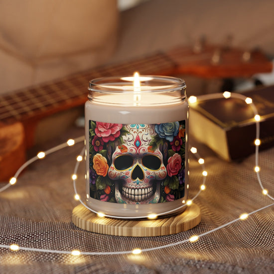 Vela de soja perfumada, 9 oz, Día de los Muertos, calavera de azúcar floral, dormitorio, pasillo, baño, olor agradable, decoración del hogar