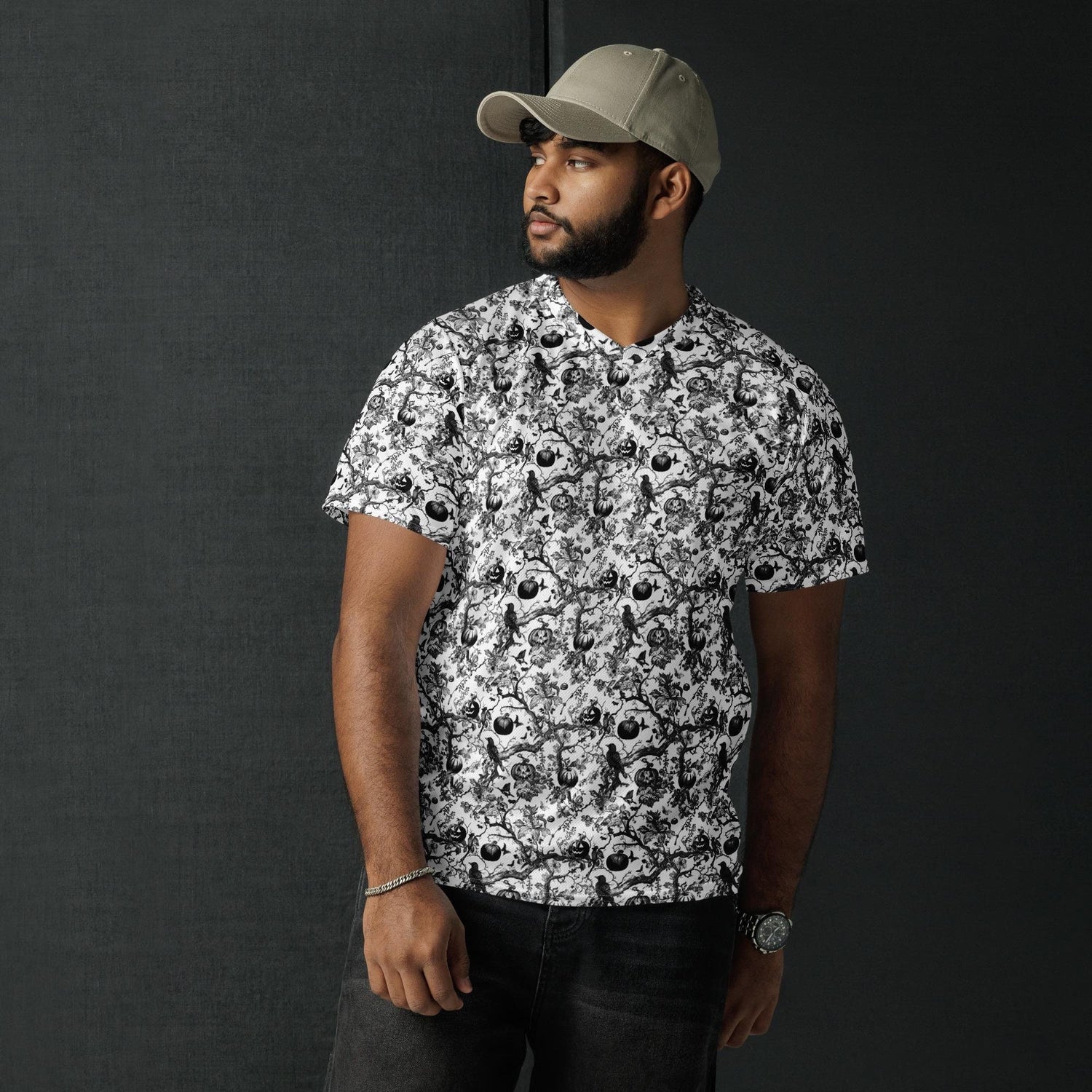 Recycled unisex sports jersey, Halloween stylish fashion cool pattern breathable v neck daily wear stretch fabric casual jean pants shirt