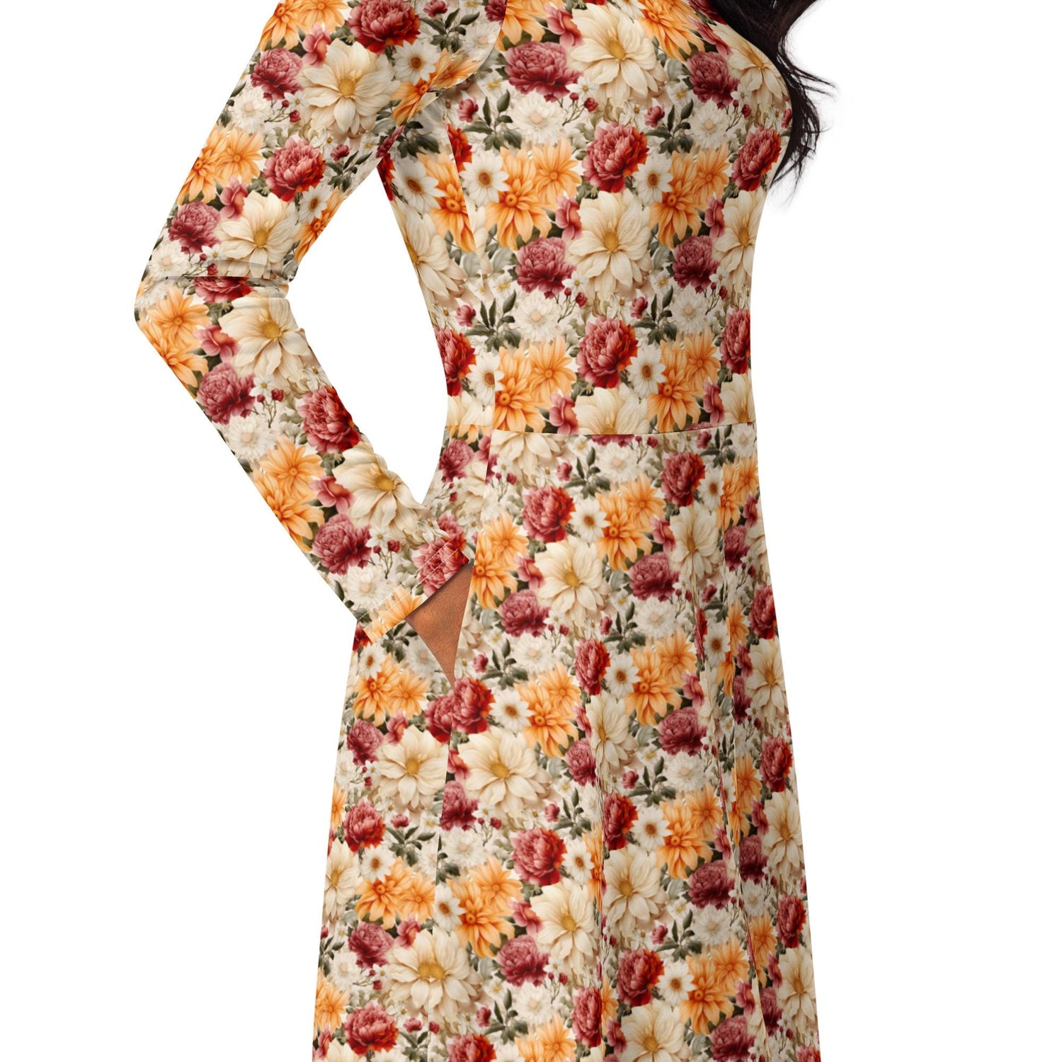 All-over print long sleeve midi dress, Bright large floral print pattern dinner date casual event classy stylish midi dress design dress