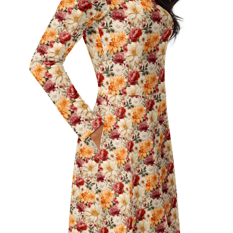 All-over print long sleeve midi dress, Bright large floral print pattern dinner date casual event classy stylish midi dress design dress