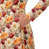 All-over print long sleeve midi dress, Bright large floral print pattern dinner date casual event classy stylish midi dress design dress