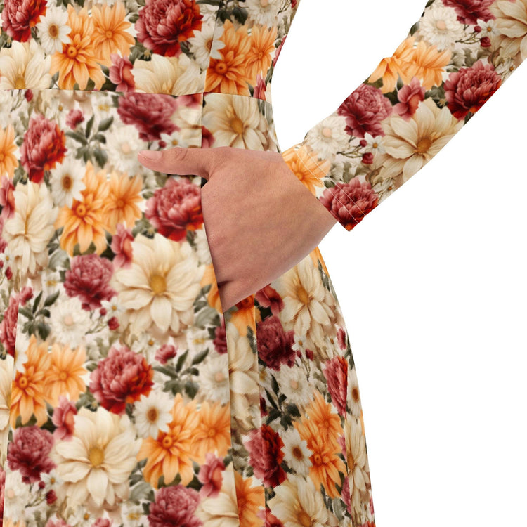 All-over print long sleeve midi dress, Bright large floral print pattern dinner date casual event classy stylish midi dress design dress