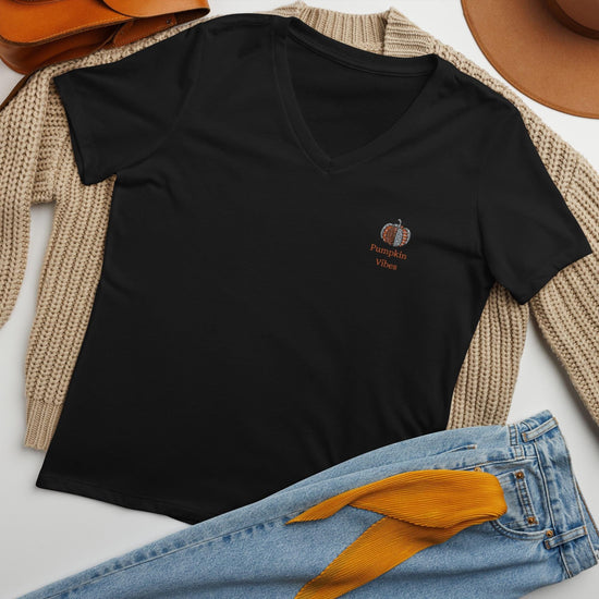 Camiseta holgada con cuello en V para mujer, estilo minimalista, con un toque de calabaza, sencilla, colorida y elegante, con un espíritu otoñal, diseño bordado de Acción de Gracias.
