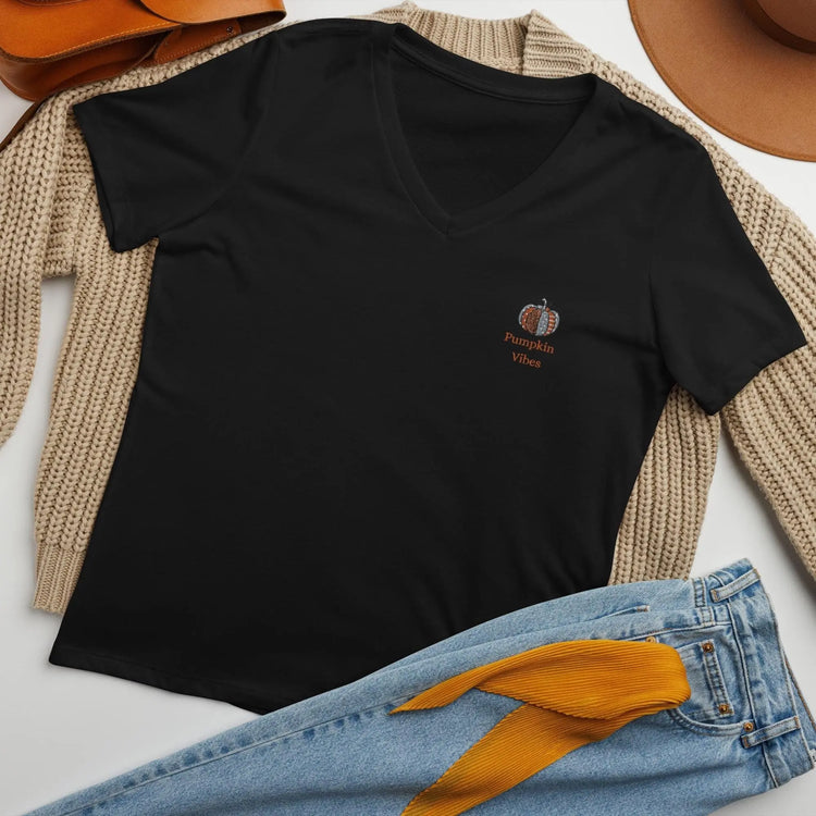 Women’s relaxed v-neck t-shirt, Minimilist pumpkin vibes quiet simple colorful classy fall spirit Thanksgiving embroiderd design shirt The Aurora Touch