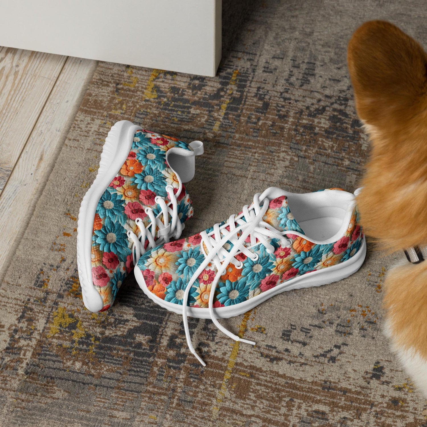 Women’s athletic shoes, Vibrant colorful daisy floral pattern print design soft comfy walking athletic casual designer look stylish sneakers