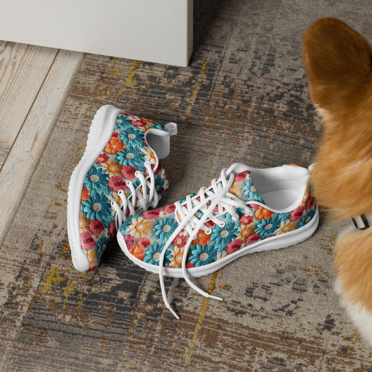 Women’s athletic shoes, Vibrant colorful daisy floral pattern print design soft comfy walking athletic casual designer look stylish sneakers