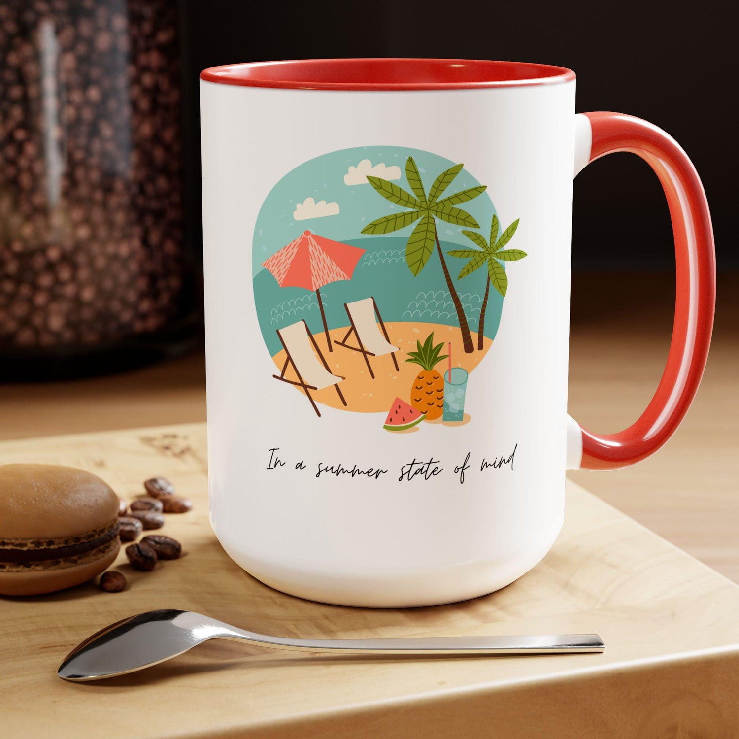 Two-Tone Coffee Mugs, 15oz, Summer vibes great energy vibrant kitchen home decor coffee tea beverage cup