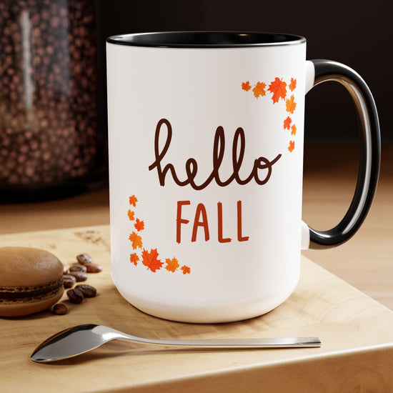 Tazas de café de dos tonos, 15 oz, Hello Fall, asa de color minimalista, gran decoración de cocina con temática navideña, taza de té caliente con chocolate caliente y espíritu otoñal