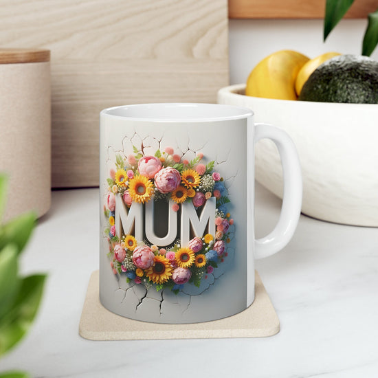 Ceramic Mug, 11oz, 3D Floral MUM sunny bright unique vibrant two sided print coffee tea beverage cup great gift