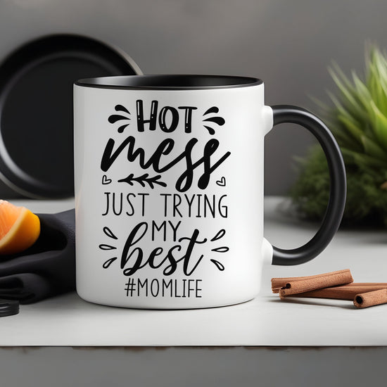 Colorful Mugs, 11oz, Humorous Hot mess Mom Life saying casual 2 tone coffee tea hot cocoa novelty funny cup great gift