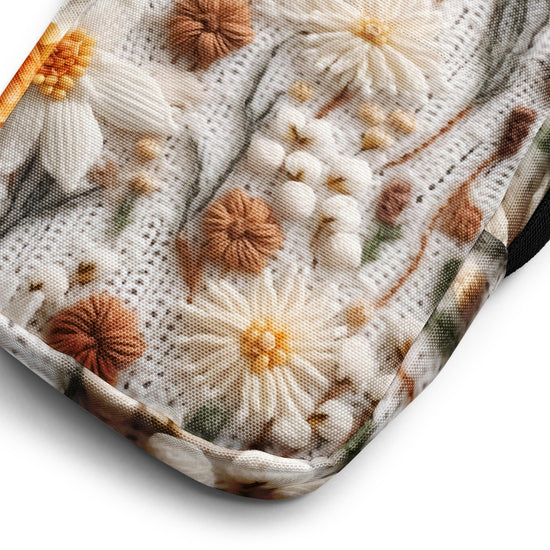 Utility crossbody bag 3D crochet style floral print design durable water resistant durable everyday minimilist school office purse