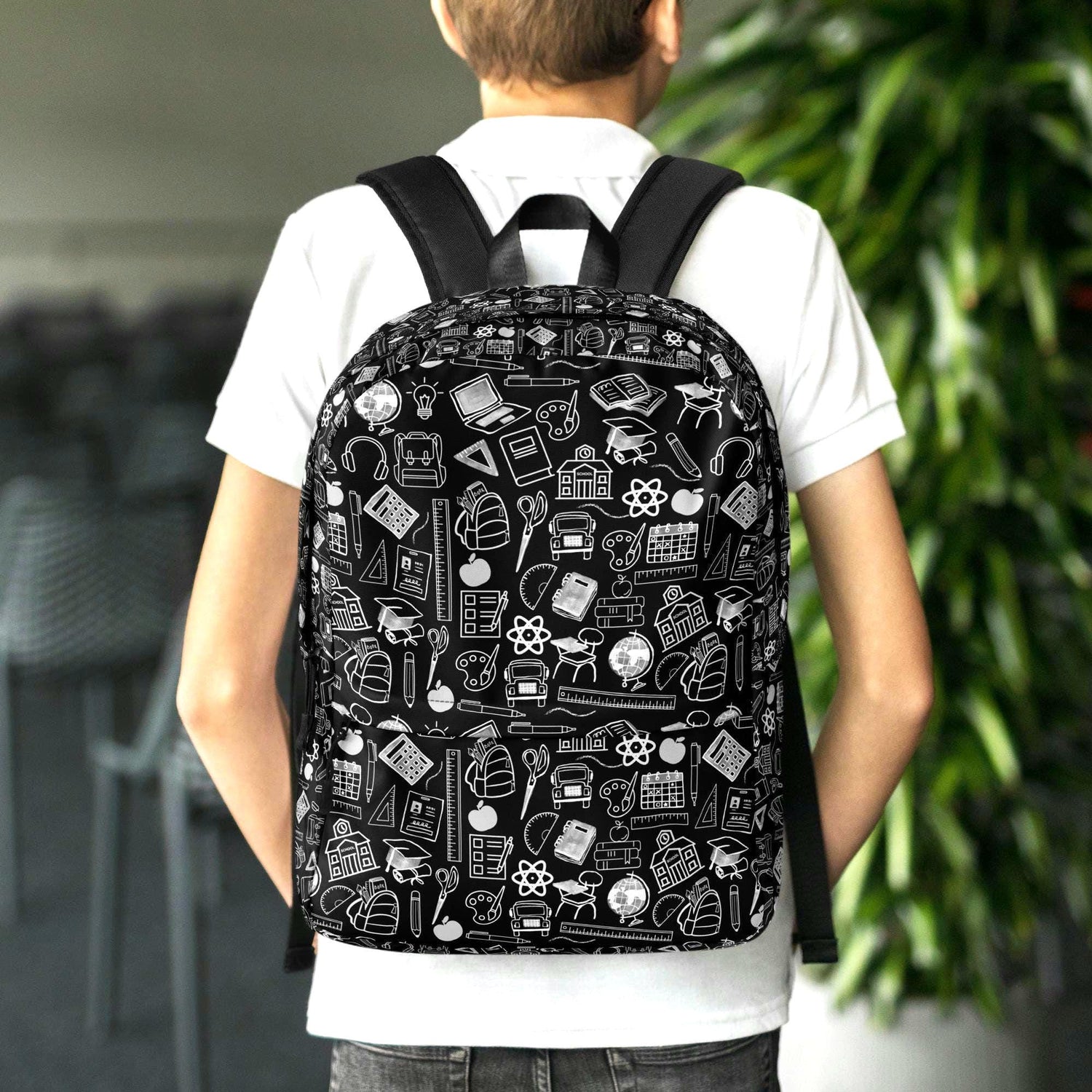 Backpack, Simple black and white minimilist stylish young kid back to school computer ipad crayons pencils supply carrying book bag
