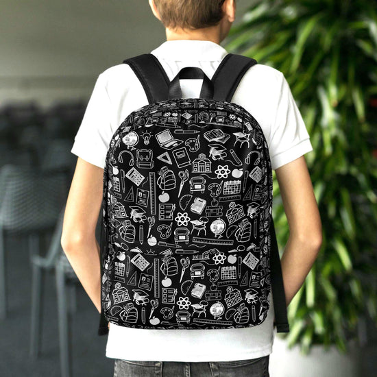 Backpack, Simple black and white minimilist stylish young kid back to school computer ipad crayons pencils supply carrying book bag