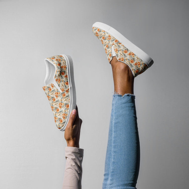 Women’s slip-on canvas shoes, Bright floral pretty all over pattern design fabric style fashion school work casual skinny jeans slip on shoe