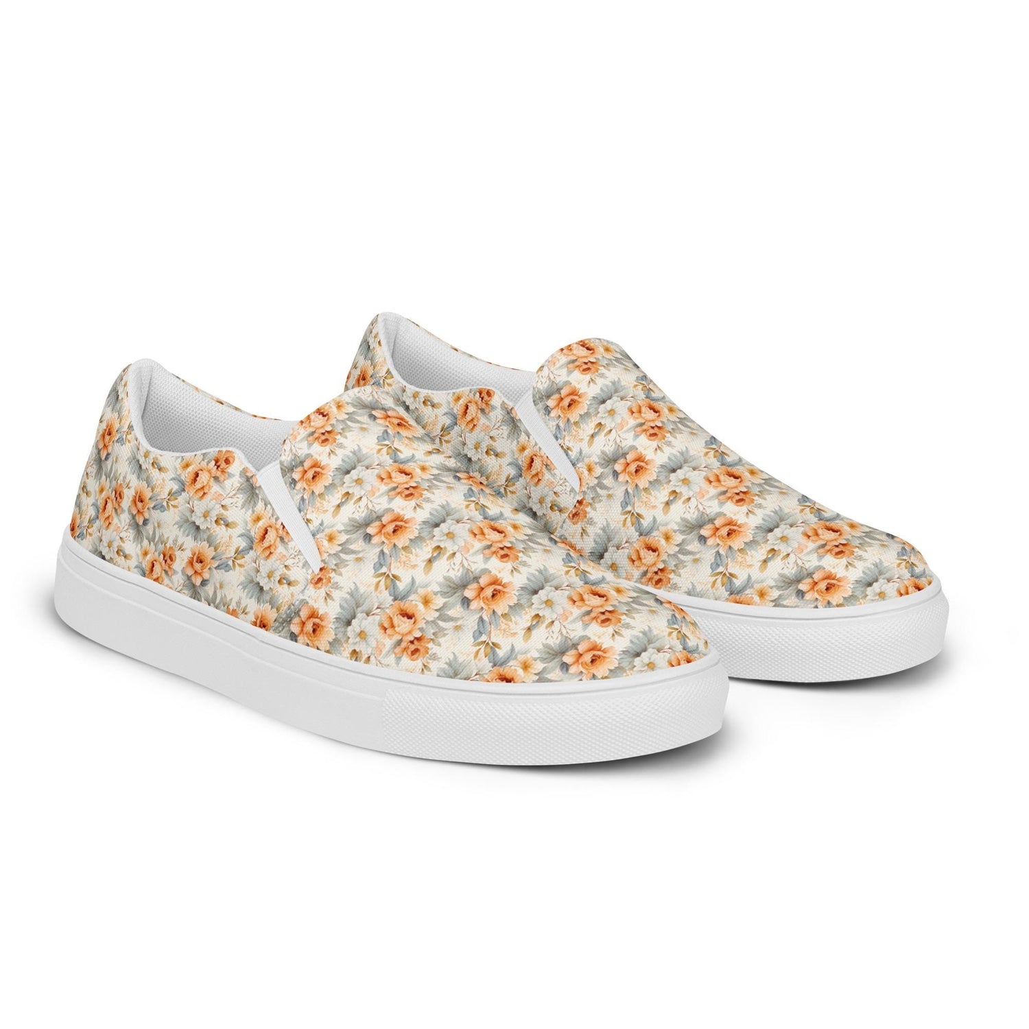Women’s slip-on canvas shoes, Bright floral pretty all over pattern design fabric style fashion school work casual skinny jeans slip on shoe
