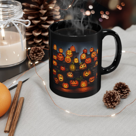 11oz Black Mug, Vibrant pumpkin halloween pattern design casual office everyday office home decorative cup