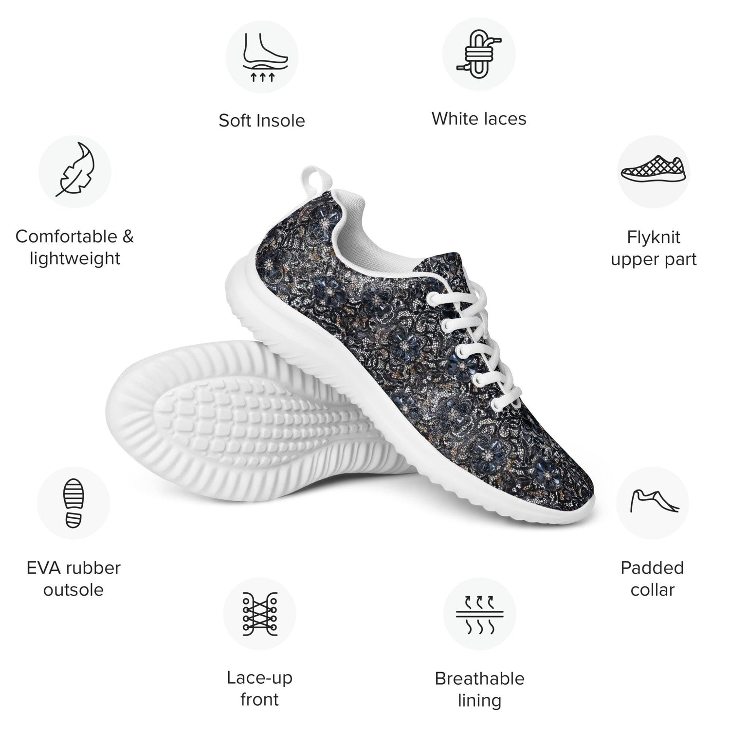 Women’s athletic shoes, sexy chic casual sporty black lace pattern print work gym travel comfy soft light breathable designer sneaker