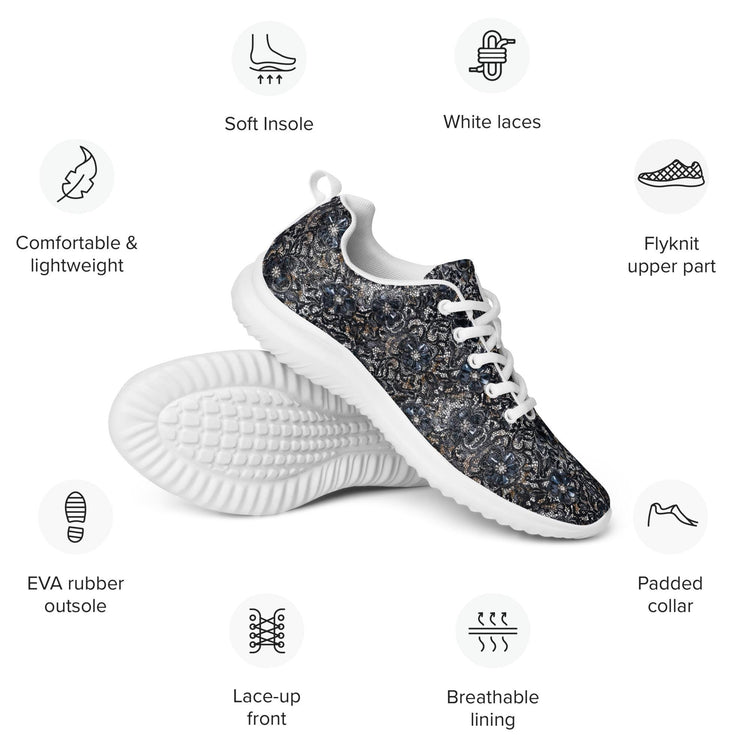 Women’s athletic shoes, sexy chic casual sporty black lace pattern print work gym travel comfy soft light breathable designer sneaker