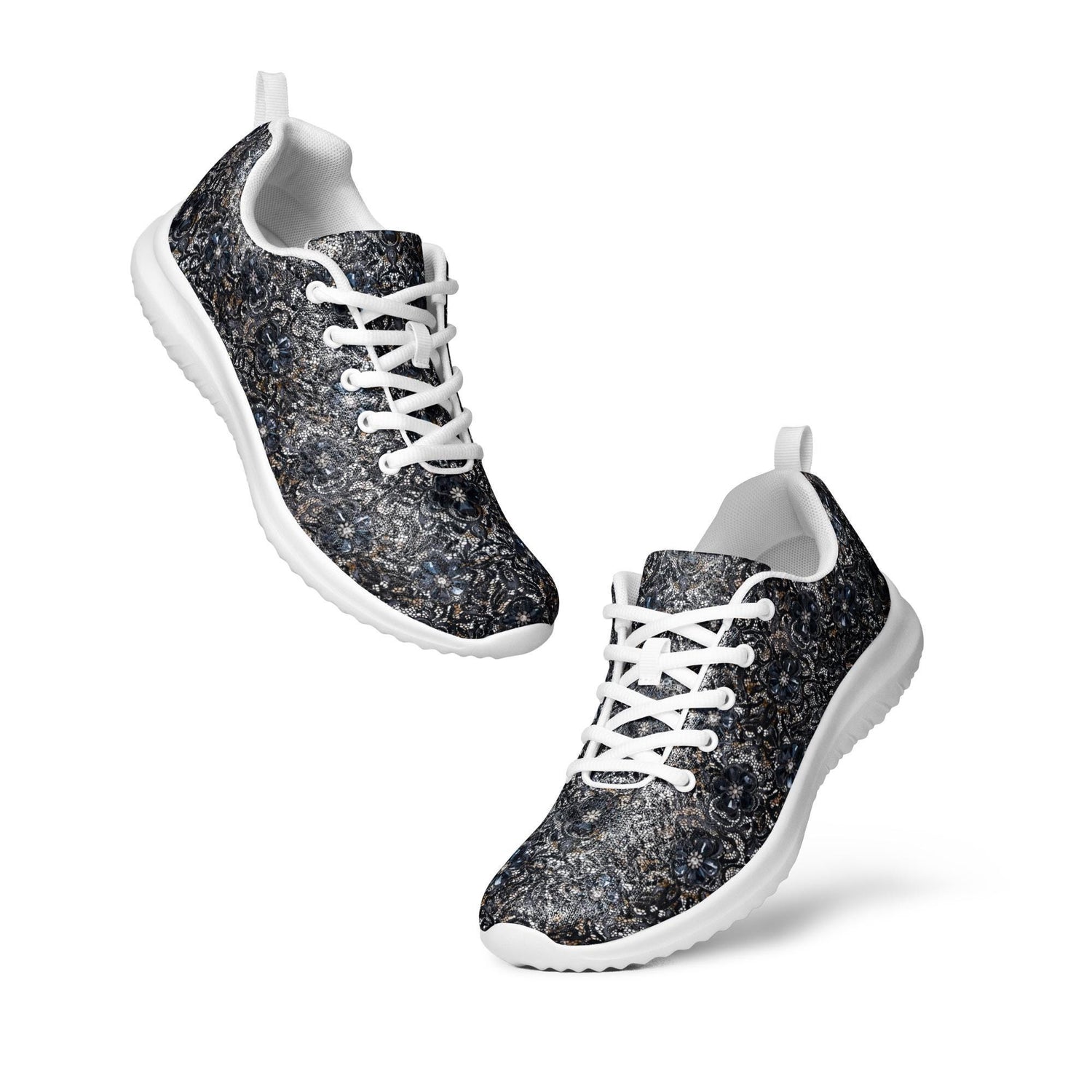 Women’s athletic shoes, sexy chic casual sporty black lace pattern print work gym travel comfy soft light breathable designer sneaker