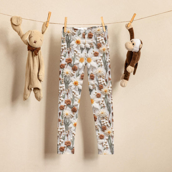 Leggings para niños, adorables pantalones AOP suaves y elásticos con estampado floral de crochet, medias para niños, ideales para la escuela, viajes y patio de juegos.