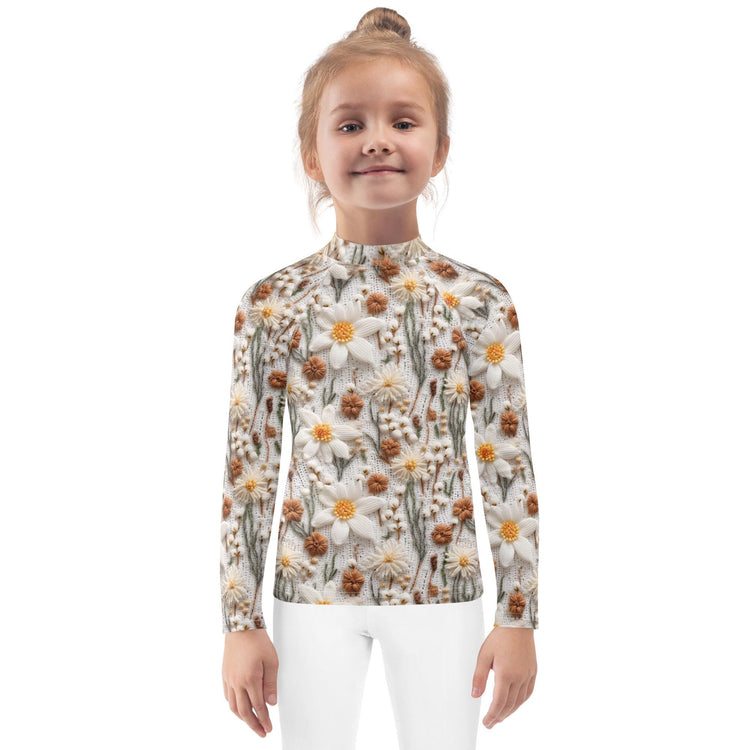 Kids Rash Guard, Crotchet AOP fitted kids back to school casual playground classroom everyday cute stylish long sleeve spandex shirt