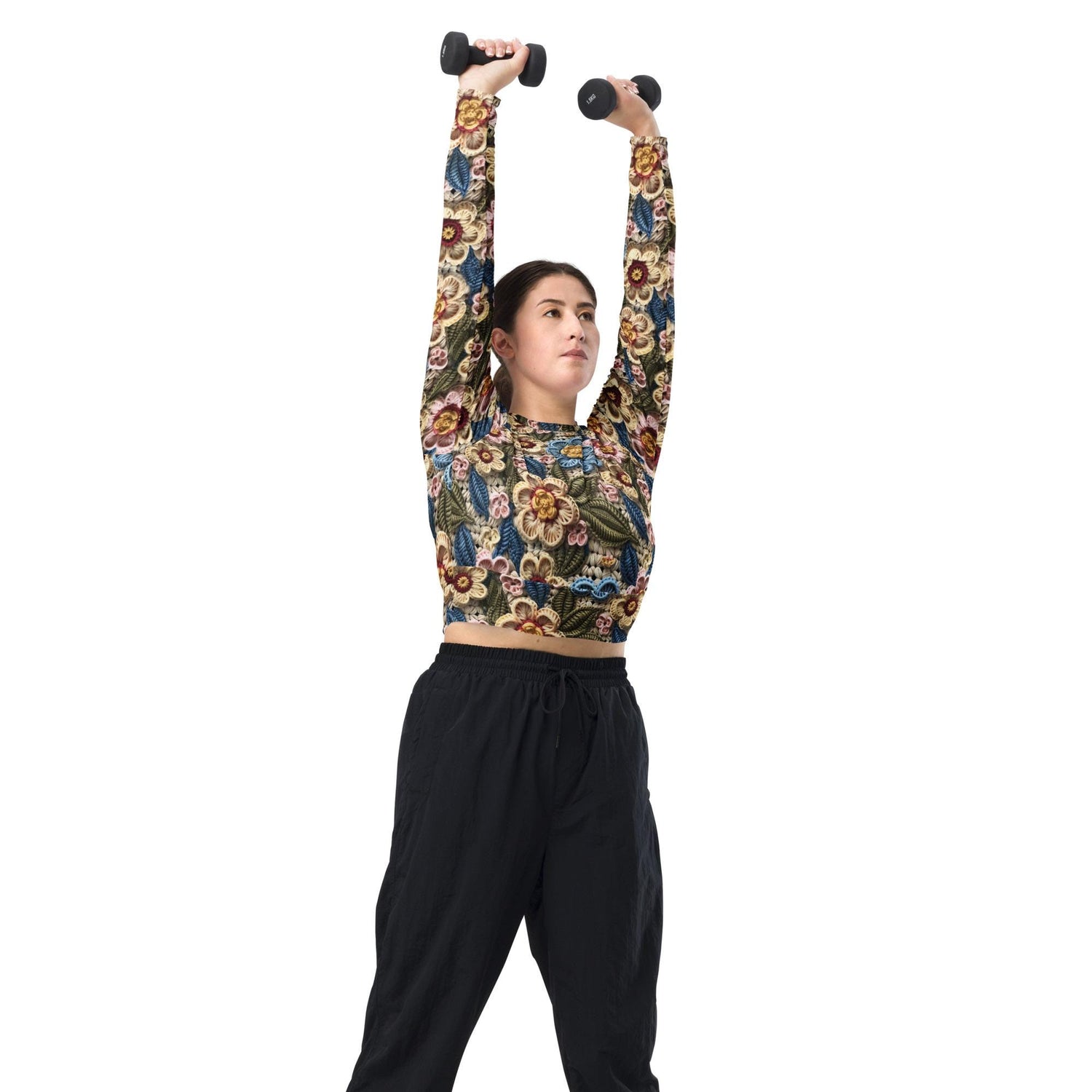 Recycled long-sleeve crop top, floral stylish crotchet design sporty cute verstaile leisure sport travel great gift all occassion crop top