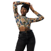 Recycled long-sleeve crop top, floral stylish crotchet design sporty cute verstaile leisure sport travel great gift all occassion crop top