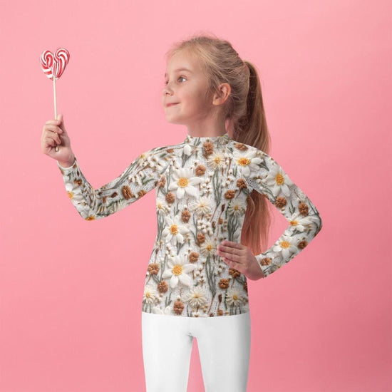 Camiseta de licra de manga larga con estampado floral de crochet para niños, ajustada, informal, para uso diario, para patio de juegos y aulas.