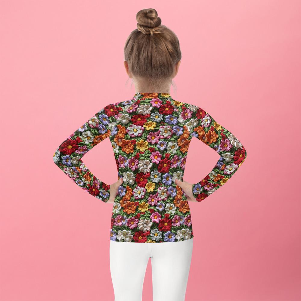 Kids Rash Guard, Floral crotchect colorful soft pattern litle girl spandex polyester fitted everyday school playground classroom clothing