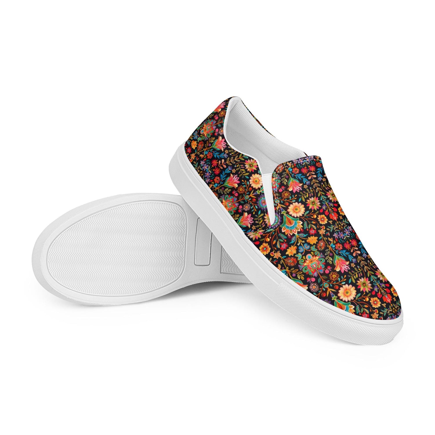 Women’s slip-on bright Mexican traditional floral all over print pattern design casual fashion college student everyday girl canvas shoes