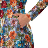 All-over print long sleeve midi dress, school work party fashion style floral crotchet allover pretty pattern design clothing attire