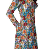 All-over print long sleeve midi dress, school work party fashion style floral crotchet allover pretty pattern design clothing attire