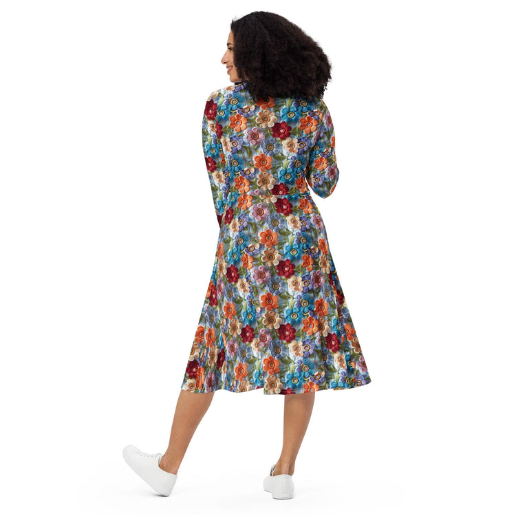 All-over print long sleeve midi dress, school work party fashion style floral crotchet allover pretty pattern design clothing attire