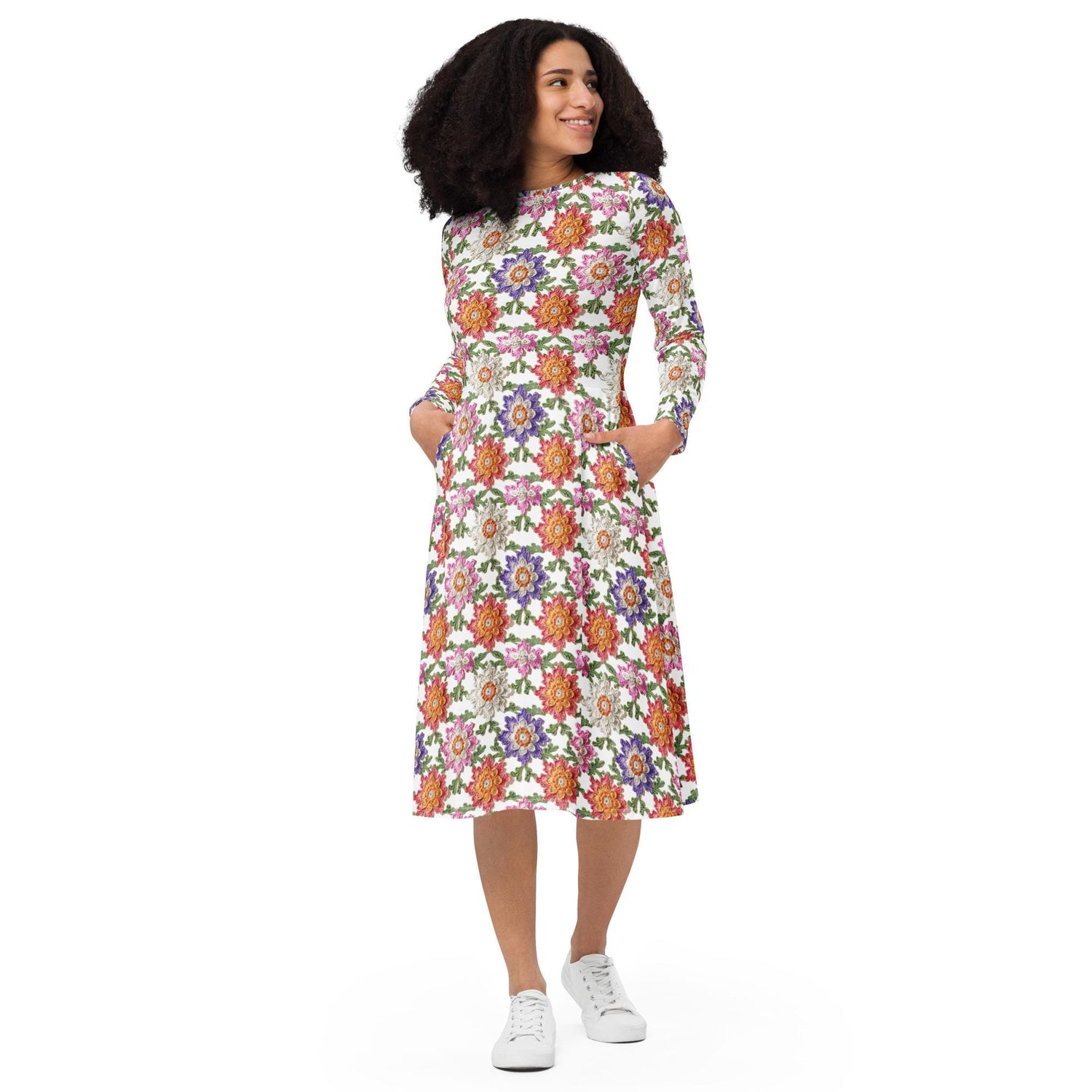 All-over print long sleeve midi dress, pretty colorful crotchet all over classy casual traditional pattern design all occasion clothing wear