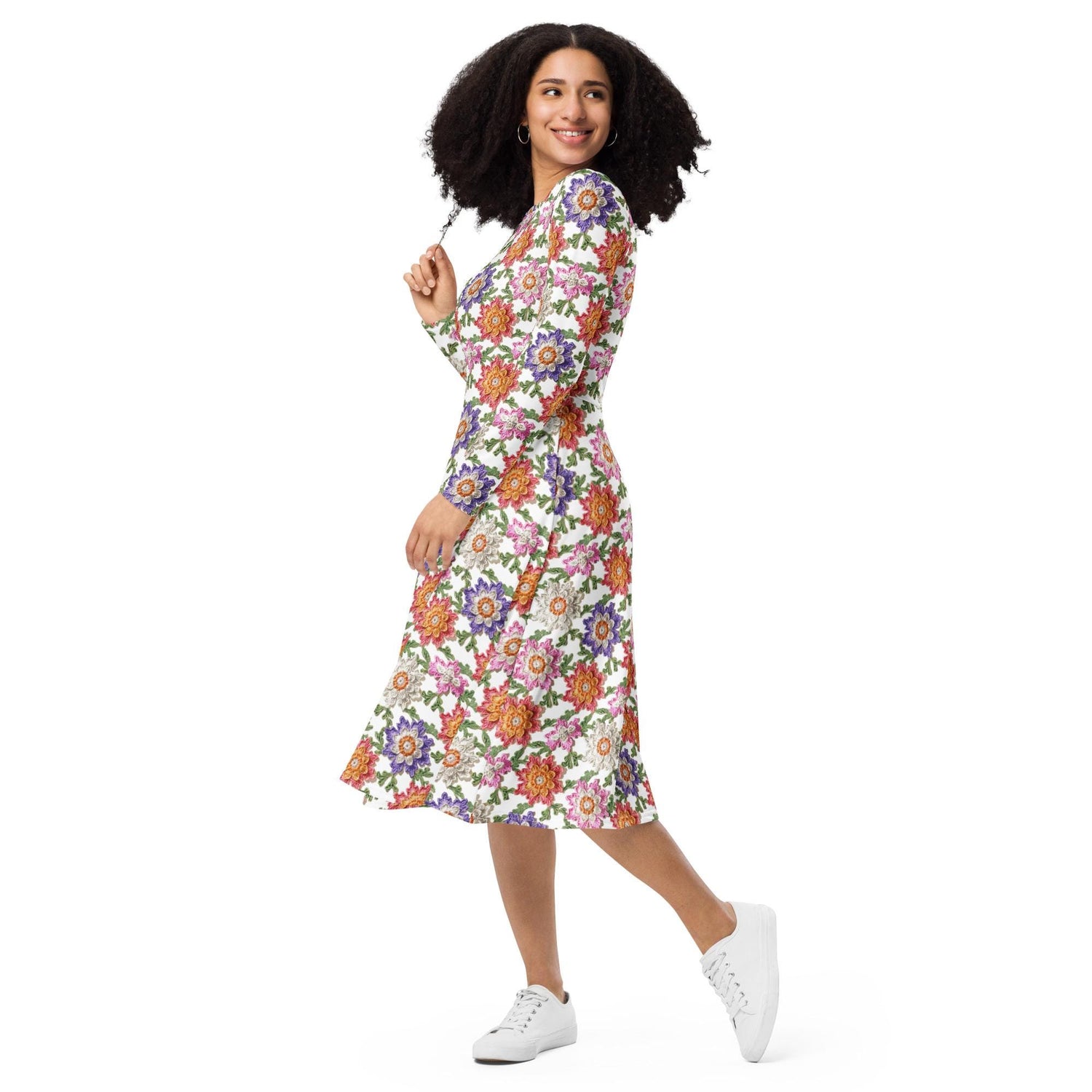 All-over print long sleeve midi dress, pretty colorful crotchet all over classy casual traditional pattern design all occasion clothing wear